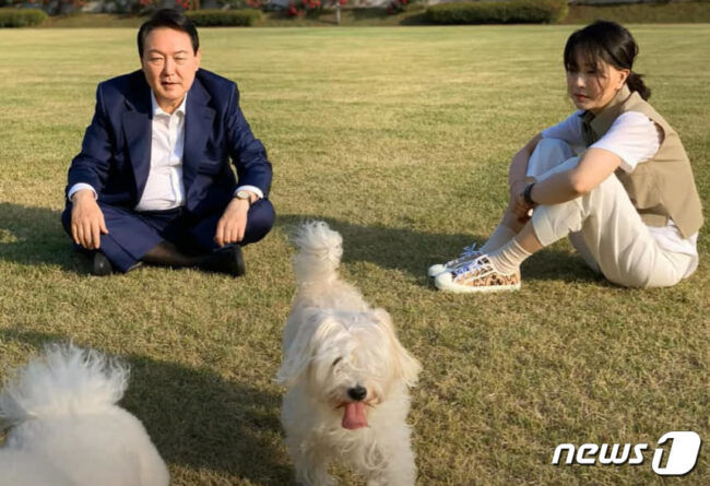 윤석열 대통령과 부인 김건희 여사가 반려견들과 용산 대통령실 잔디밭에서 즐거운 시간을 보내고 있는 모습이 29일 공개됐다. (건희사랑) 2022.5.29/뉴스1